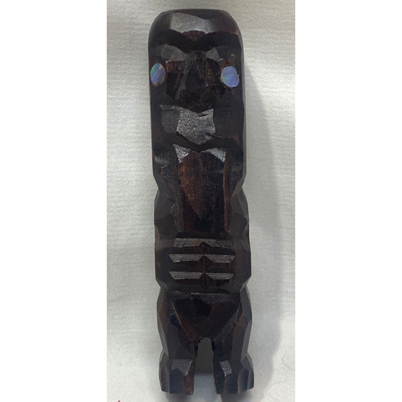 Tiki Wood Carving Maori Hand Carved Shell Eyes Tongue Out 4.5" - Picture 1 of 7